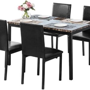 Dining Table Set for 4, 5 Piece Kitchen Table Set with PU Leather Chairs Space-Saving Faux Marble Dining Room Table Set for 4 for Small Home Kitchen, Apartment