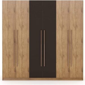 Modern Freestanding Armoire Wardrobe Closet, Stylish 3-Sectional Organizer with Hanging Rods, Drawers, and Shelf Space for Bedroom Storage and Dressing Room, Nature/Gray