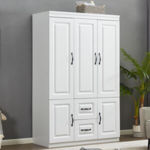Wardrobe Armoire Storage Cabinet Wood: 3 Door 2 Drawers White Closet Wardrobe for High Storage Capacity with 3 Shelves and Metal Handles for Tall Cabinet Closet