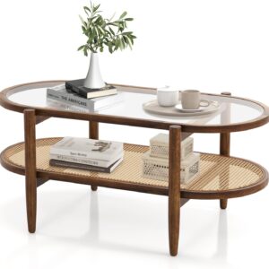 Rattan Coffee Table, 40”L Boho Oval Acacia Wood Cocktail Table with Tempered Glass Tabletop & PE Rattan Storage Shelf, 2-Tier Tea Center Table for Living Room Office Reception (Boho, Brown)