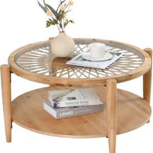 Rattan Coffee Tables,2-Tier Round Boho Cocktail Tables, Mid Century Modern Coffee Table with Rattan & Tempered Glass Top and Wood Legs, Sofa Table for Living Room(Natural)