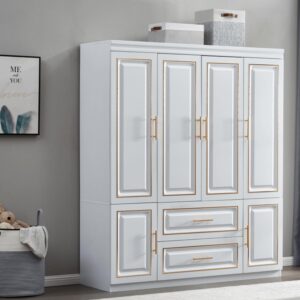 74" H Wardrobe Cabinet,Wardrobe Closet with 4 Doors, Armoire Wardrobe Closet with Storage Drawers, Clothing Rod and Shelves, Bedroom Armoires with Gold Decorative Border, Armoire