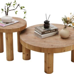 2-Piece Round Coffee Table, Rustic Coffee Table Sets, Circle Wooden Ring Finish with Solid Wood Legs, Center Tables Set for Living Room (Natural)