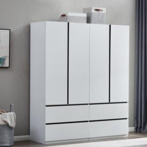 Wooden Armoire Wardrobe Closet, 4 Door 4 Drawers Bedroom Armoires for High Storage Capacity, White Large Storage Cabinet with Hanging Rod and 3 Storage 63" L x 20.3" W x 72" H
