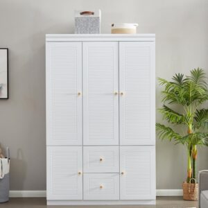 74.2" Armoire Wardrobe Closet Storage, Wood 3 Door 2 Drawers White Closet Cabinet for Large Capacity, Tall Cabinet Closet with Hanging Rod and 5 Storage 47.3" L x 20.3" W x 74.2" H