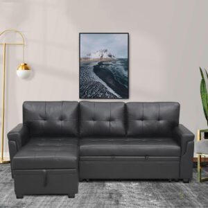 Transform Any Space: Sleeper Sectional Sofa with Convertible Sofa Bed & Inviting Chaise. Find Tranquil Comfort with Stress-Relieving Design & Durable Cushions - Black/