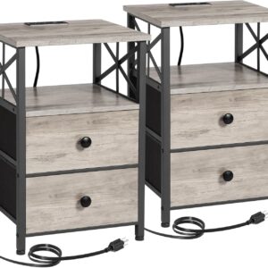 Night Stand Set 2, Nightstand with Charging Station, End Tables Living Room with USB Ports and Outlets, Bedside Tables with Fabric Drawers for Bedroom, Greige