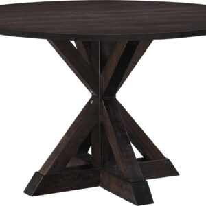 Round Solid Wood Rustic Dining Table for Kitchen Room Decor, Wooden Trestle Pedestal Base, 46.5" Wide Circular Tabletop, Distressed Dark Brown