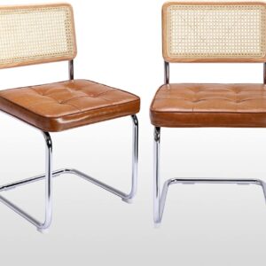 Modern Dining Chairs, Upholstered Tufted Faux Leather Accent Chairs Rattan Dining Chairs Set of 2, Armless Mesh Back Cane Chairs with Metal Chrome Legs, Brown
