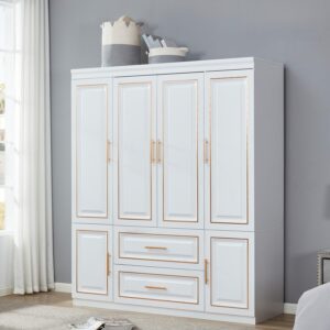 74.2" 4 Door Armoire Wardrobe Closet Cabinet, Wood 2 Drawers Tall Cabinet Closet for High Storage Capacity, White Closet Cabinet with Hanging Rod and 5 Storage 63" L x 20.3" W x 74.2" H