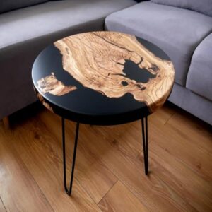 Sleek Black Epoxy Resin Table Natural Wood Slices Table Coffee Table Living Room Table Dining Table Console Table Bar Counter Table Side Table (18 Inhes Tall, 66 x 66 Inches)