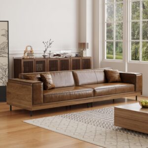 Leather Sofa 111.81" with Wooden Accents on Sides & Back, Spacious 3 - Seat Couch for Living Room, Bedroom or Lounge Space, Brown