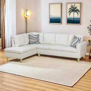 Sectional Couches for Living Room 2 Pieces Modern Sectional Sofa with Left Chaise Sectional Couch with Solid Frame Classic L Shape Sectional Sofa Set with Faux Leather, White
