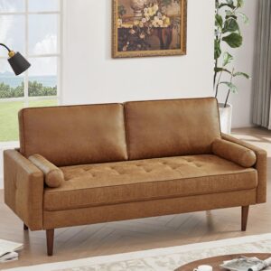 58" Loveseat Sofa Couch,  Faux Leather Couch with  Deep Love Seat & 2Pillows, Home Sofa Living Room Small Couches for Small Space,Bedroom,Office,Solid Wood Frame,Brown