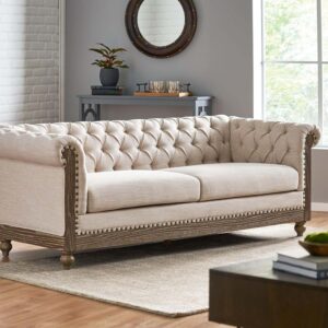 3-Seat Sofa with Wooden Legs, Retro Style Sofa Couch Furniture with Rivet Detailing, Loveseat with Pull-tab Backrest for Living Room Apartments Office, Beige