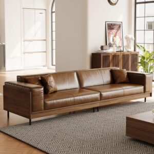 111.81"  4-Seater Sofa, Waxed Leather Wood Couch with Walnut Frame for Living Room, Apartment, and Office, Brown