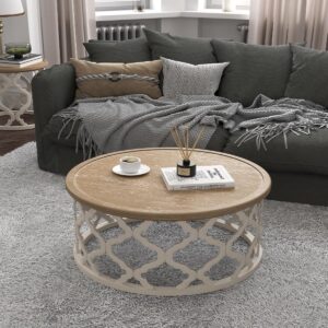 Coffee Table,30'' Round French Country Coffee Table,Distressed Wood Tray Top Vintage Coffee Table with Storage Shelf for Living Room Dining Room Bedroom,Small Space,Beige