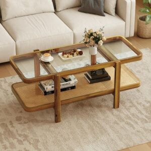 Rattan Coffee Table, 47.5" Rectangle Solid Wood Tea Table w/Tempered Glass Tabletop & PE Rattan Storage Shelf, 2-Tier Boho Coffee Tables, Rustic Center Table for Living Room Office